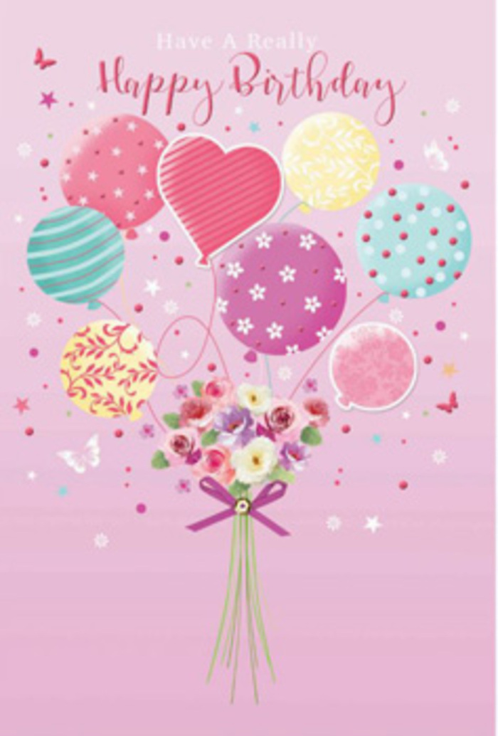 Whimsical birthday card artwork showing a pastel balloon bouquet gently lifting a small hand-tied cluster of flowers, as if it were floating above the rooftops of Abbots Langley. The backdrop is a soft, powdery pink, like the sky at sunset after a stroll through Leavesden Country Park. From the centre rises a spray of balloons in coordinated pastel tones - pale sunshine yellow, rosy fuchsia tamed into blush, cool seafoam, and lavender mist. Each balloon carries its own personality: some are wrapped in candy-like stripes, others dusted with crisp polka dots, and a few are patterned with tiny florals and graceful swirls that evoke decorative shopfronts along Abbots Langley High Street. Anchoring the balloons, a petite bouquet of roses and daisy-like blooms blossoms at the base, their velvet petals shaded from cream to soft rose and mauve, suggesting flowers freshly gathered from a local garden. The bouquet is cinched with a shimmering purple ribbon tied into a neat bow, its texture silky and slightly reflective, hinting at the expert finishing touches a village florist would add before a same-day birthday delivery. Light spills gently across the scene, picking up the shine on the balloons and the subtle contours of each petal, so the composition seems to glow with quiet jubilation. Tiny butterflies and star details drift nearby, as though caught in a warm breeze weaving through Abbots Langley's lanes. The overall feeling is one of gentle, heartfelt celebration - a design that whispers happiness, making the recipient feel cherished and thought of, much like receiving a beautifully wrapped bouquet hand-delivered to their door.