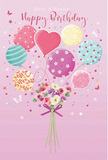 Playful illustrated birthday scene featuring a cluster of pastel balloons and a small, romantic bouquet that could easily be imagined in the hands of a customer leaving a florist in Abbots Langley. The background is a smooth wash of soft pink, setting a tender, joyful tone. Rising from the lower centre, balloons in delicate shades of blush, mint, lavender, lemon, and sea green float upward with light, buoyant energy. Each balloon has its own delightful pattern - candy-striped spirals, perfect rows of polka dots, scattered floral motifs, and at the heart, a prominent balloon shaped like a plump heart, glowing warmly as if full of birthday wishes. At the base, where the balloon strings meet, a bouquet of dainty roses and anemone-style flowers clusters together in creamy ivory, blush pink, and muted mauve tones, their petals layered and feathery like fresh blooms arranged for a birthday surprise near Hunton Bridge. The stems are gathered and tied with a neat violet satin bow, its edges catching the light with a gentle sheen that suggests careful, practiced hands, perhaps from a florist at Flower Delivery Abbots Langley preparing a special order. Around the balloons and flowers, tiny butterflies and star-shaped accents appear to flutter and twinkle, as if carried on a breeze drifting over the village. The lighting is bright yet soft, bringing a warm, celebratory glow to every detail and creating an airy, fairy-tale mood. Overall, the composition captures the feeling of an unforgettable birthday - light-hearted, affectionate, and full of sweet anticipation, like waiting for a surprise delivery in Abbots Langley.